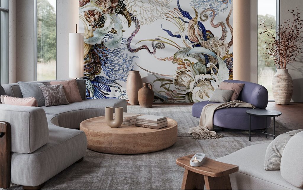 Modern wallpaper accent wall in a luxury living room