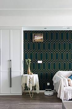 Designer wallpaper feature wall with electric teal accents